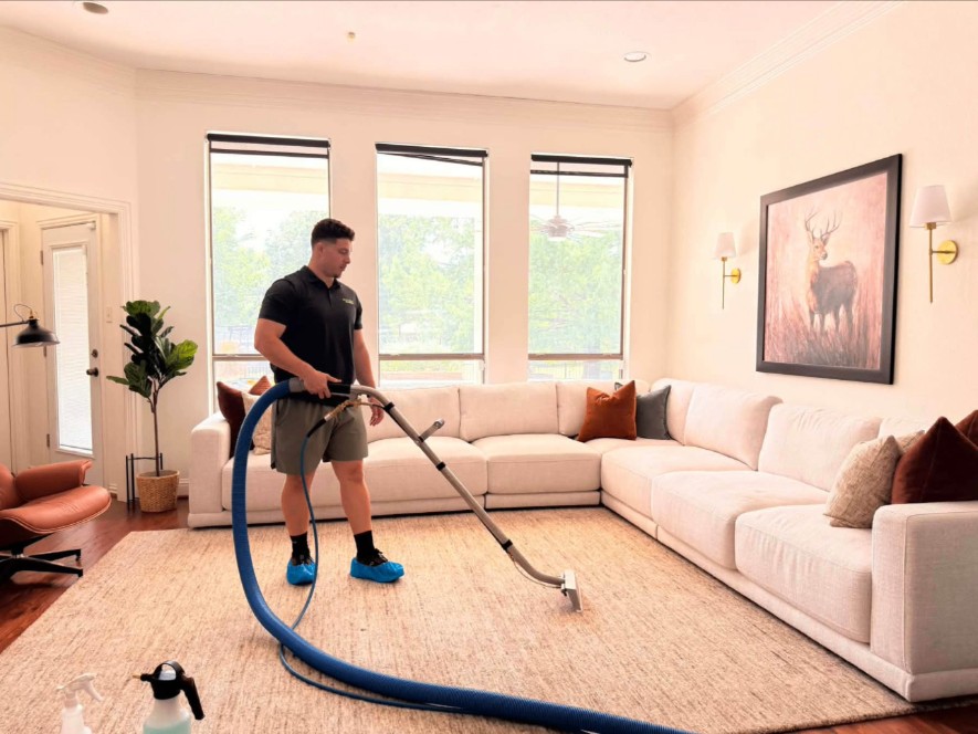 Professional carpet cleaning in a bright Dallas–Fort Worth home
